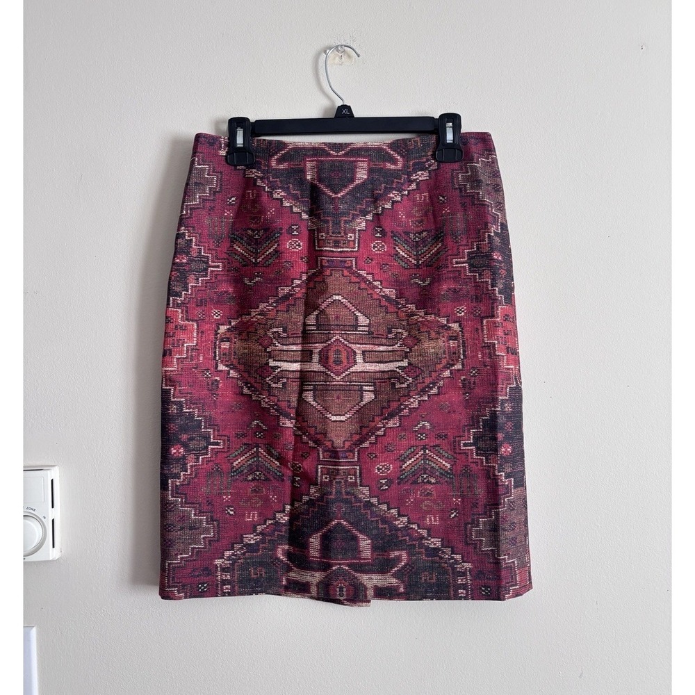 Tory Burch Skirt Size 6 Aztec Western Print Red LINED‎ Silk Wool Designer Office